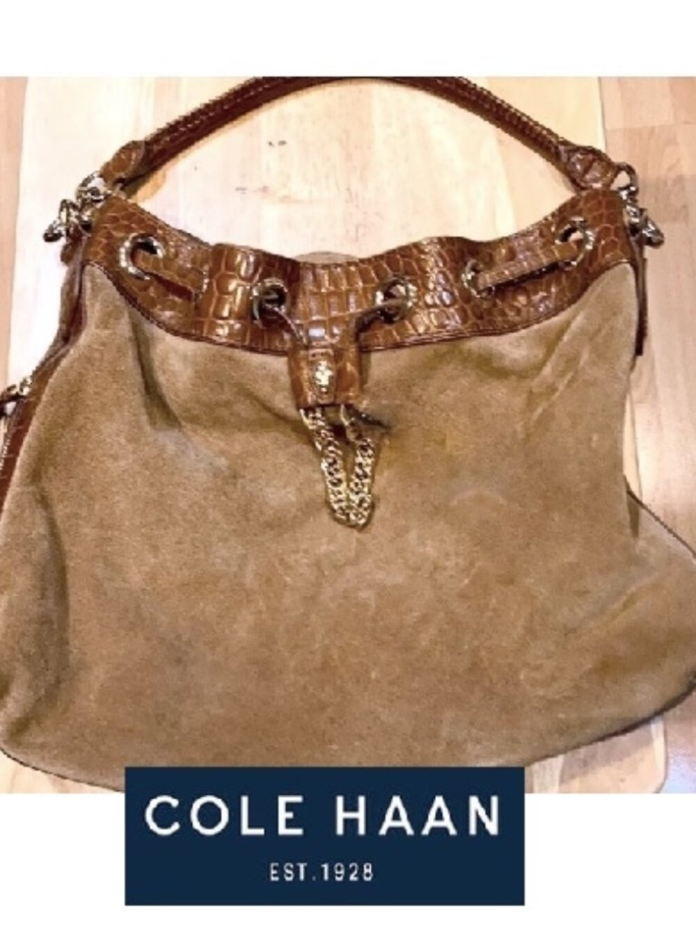 $388 Cole Haan Lilly Slouchy Suede Croc Trim Expandable Hobo Shoulder Bag